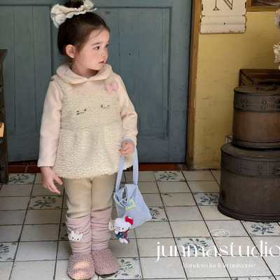 opolala童装女童宝宝儿童冬装卡通加绒毛毛马甲外套娃娃衫打底裤