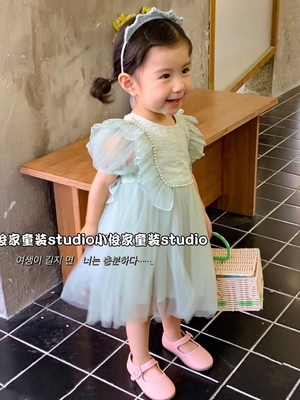 韩都果果童装女童宝宝夏装F3短袖公主网纱薄荷绿连衣裙纱裙礼服裙
