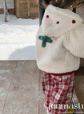 AH童装女童宝宝儿童冬装草莓毛毛外套大衣棉服加绒格子裤直筒裤