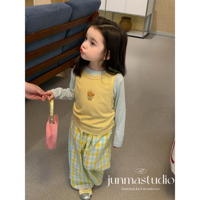 opao童装女童宝宝儿童春装卡通长袖T恤两件套装格子休闲裤直筒裤