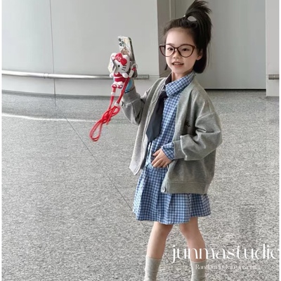 littleone童装女童宝宝儿童春装新款格子衬衣裙卫衣开衫两件套装