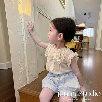 opolala童装女童宝宝儿童夏装木耳边蝴蝶结娃娃衫衬衣灯笼短裤