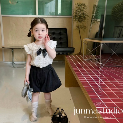 susie童装女童宝宝儿童夏装新款娃娃领蝴蝶结雪纺娃娃衫上衣裙裤