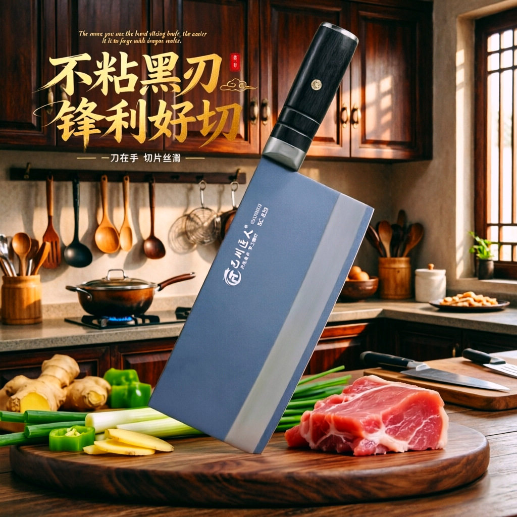 龙水锋利锻打菜刀不粘黑刃家用切片刀厨师专用刀具厨房刀具套装