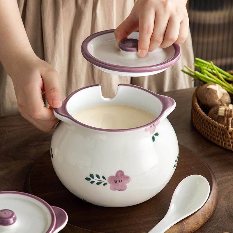 陶瓷釉下彩双耳猪油罐带盖带勺家用耐高温调味罐厨房辣椒罐调味盒