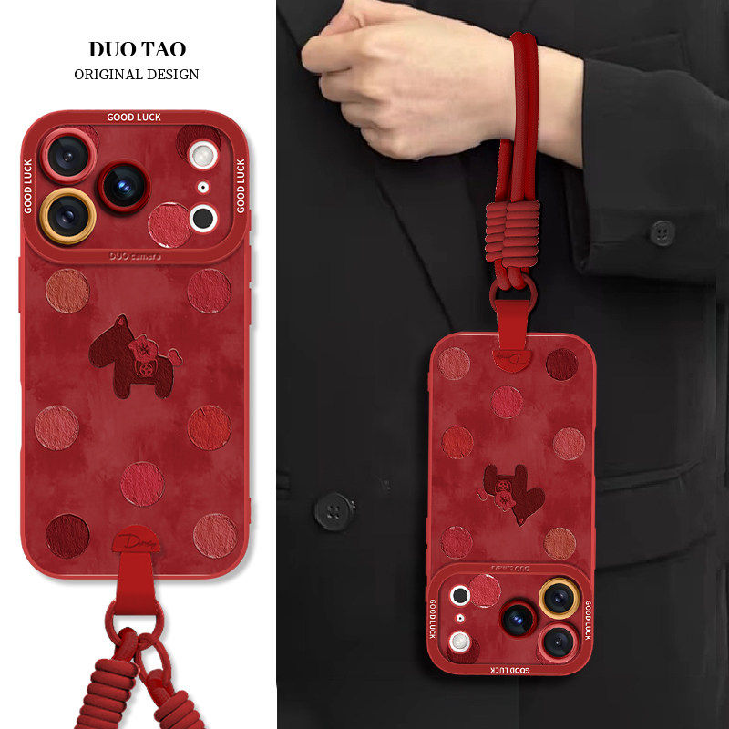 【斜挎手腕挂绳】油画波点小马适用苹果17promax手机壳2025新款红色iPhone17Pro新年16ProMax马年15本命年14