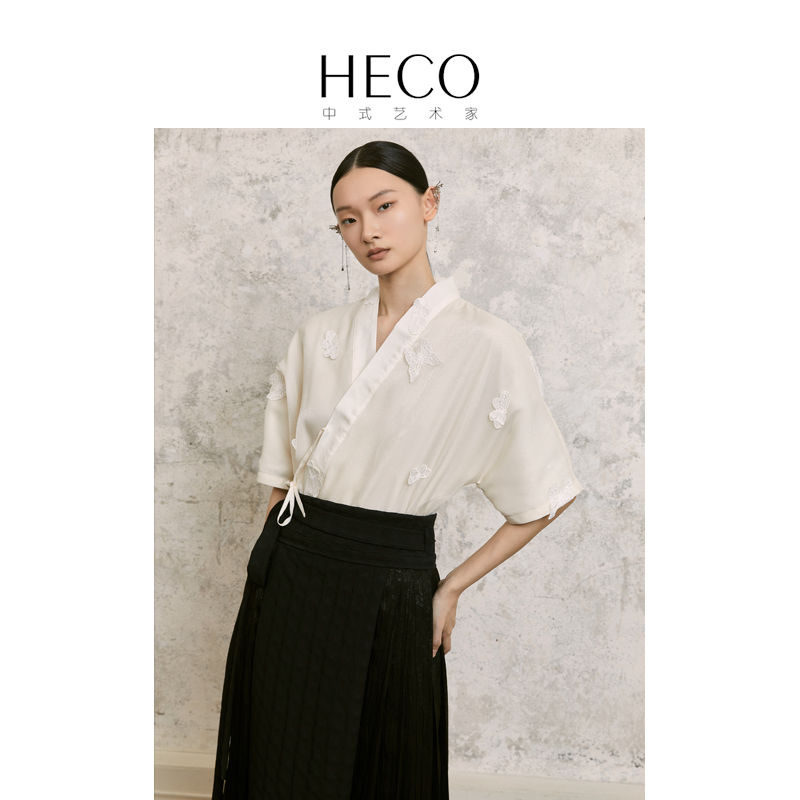 HECO【梦飞】新中式国风V领衬衫外套女装夏季蝴蝶系带斜襟上衣