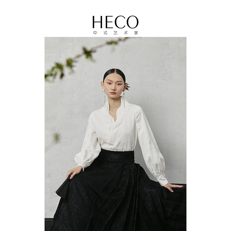 HECO【溪边】新中式国风灯笼袖衬衫2024新款女春夏假两件内搭上衣 女装/女士精品 衬衫 原图主图