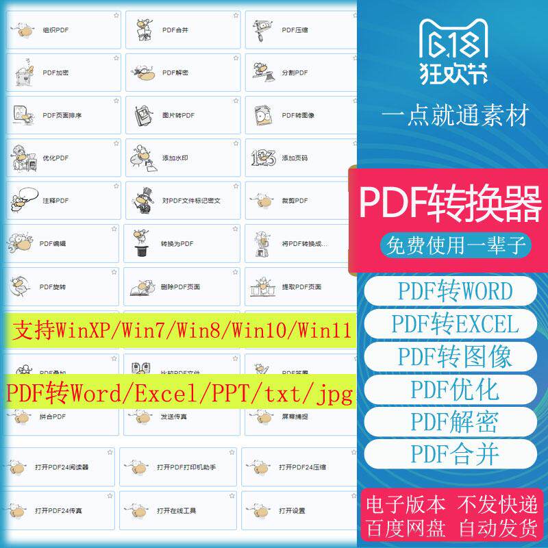 PDF转word excel ppt txt jpg 加密解密合并压缩编辑添加水印