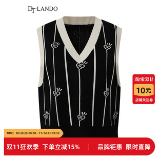 DTLANDO商场款 文艺复古提花黑色羊毛柔软舒适V领针织背心马夹