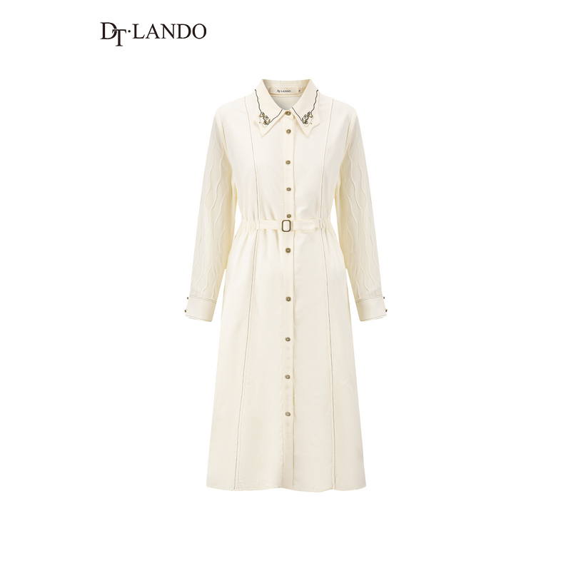 DTLANDO春秋季女装经典翻领腰部松紧法式优雅衬衫长袖连衣裙子