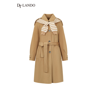 DTLANDO冬季款女装时尚保暖气质翻领设计感中长款双面呢大衣外套