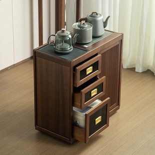 新中式 实木茶水柜家用茶几茶台移动茶边柜胡桃木烧水壶一体餐边柜