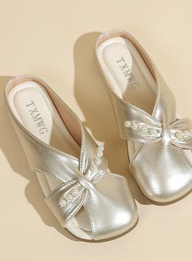 包头半拖鞋女2025年夏气季49403凉新款平底底质一脚软蹬包头镂空