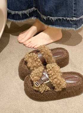 闲厚底毛女毛拖鞋外穿2025秋新款时尚皮带扣季懒人82451休泰迪卷