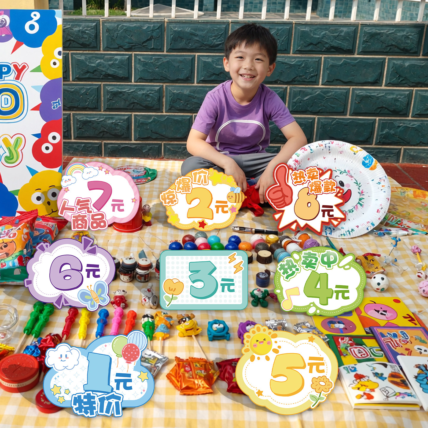 儿童跳蚤市场价格牌小学生爱心义卖装饰市集摆摊道具卡通标价卡片