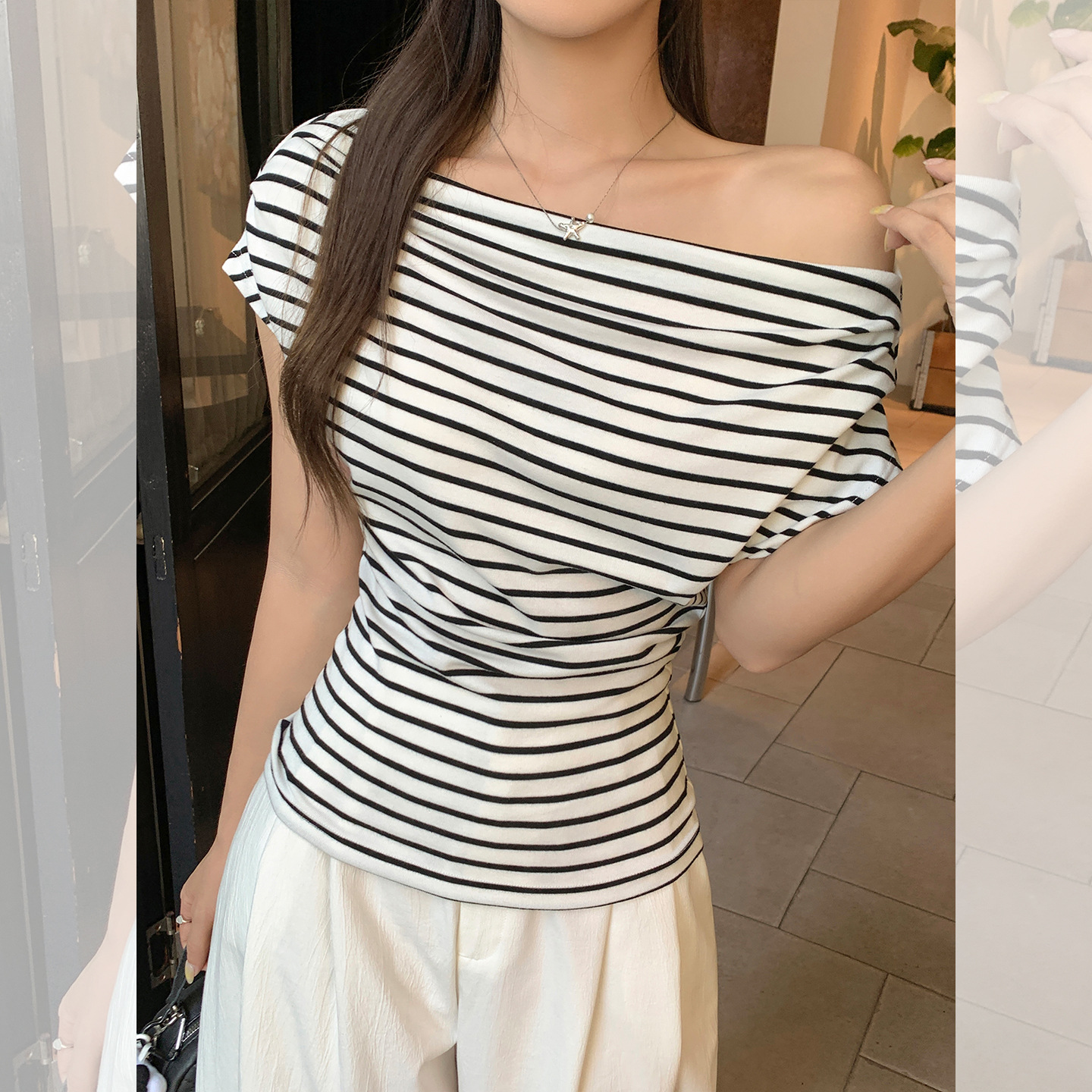 高级设计感绝美穿搭斜肩一字露肩条纹短袖T恤女夏季独特别致上衣
