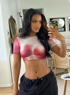 women for T-shirt short-sleeved tight top waist-baring