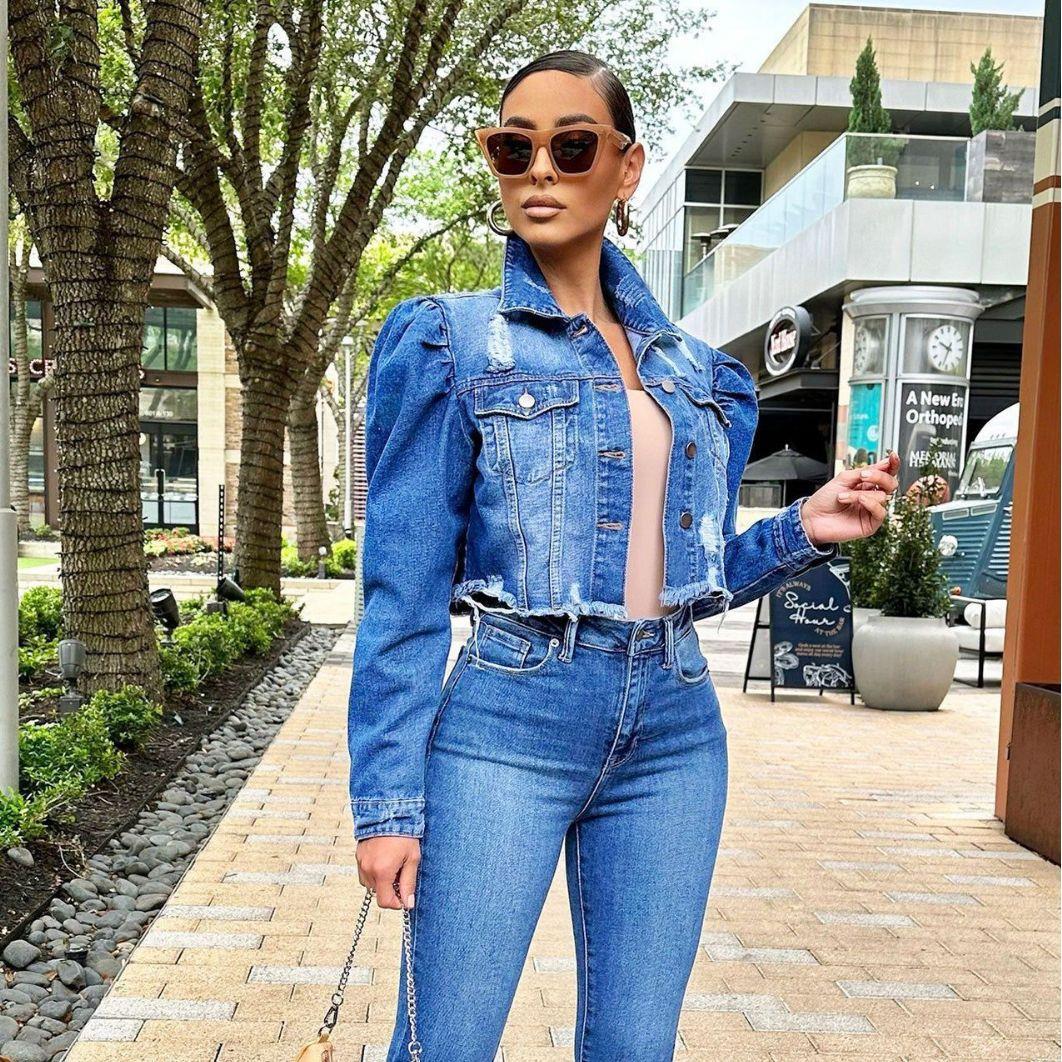 Womens denim jacket ripped raw edge jacket fashionable