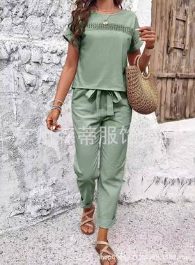 Simple retro elastic waist tie linen suit womens fashion