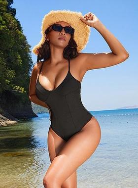 Solid color one-piece swimsuit for women covering the
