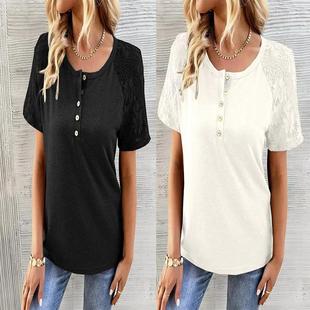 short sleeved round shirt womens neck top lace stitching