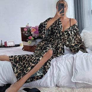 women print nightgown for quarter leopard sleepwear belt