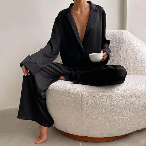 Black thin womens home imitation silk pajamas winter ice