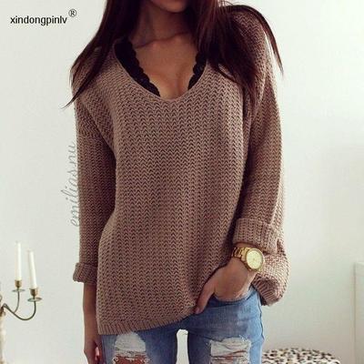 women for sweater pullover long-sleeved loose V-neck hollow