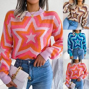 Pullover Contrast Star Color Womens Fashion Long Clothing