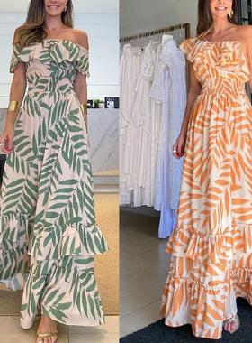 dresses long boho flowy floral neck slash sleeves dress