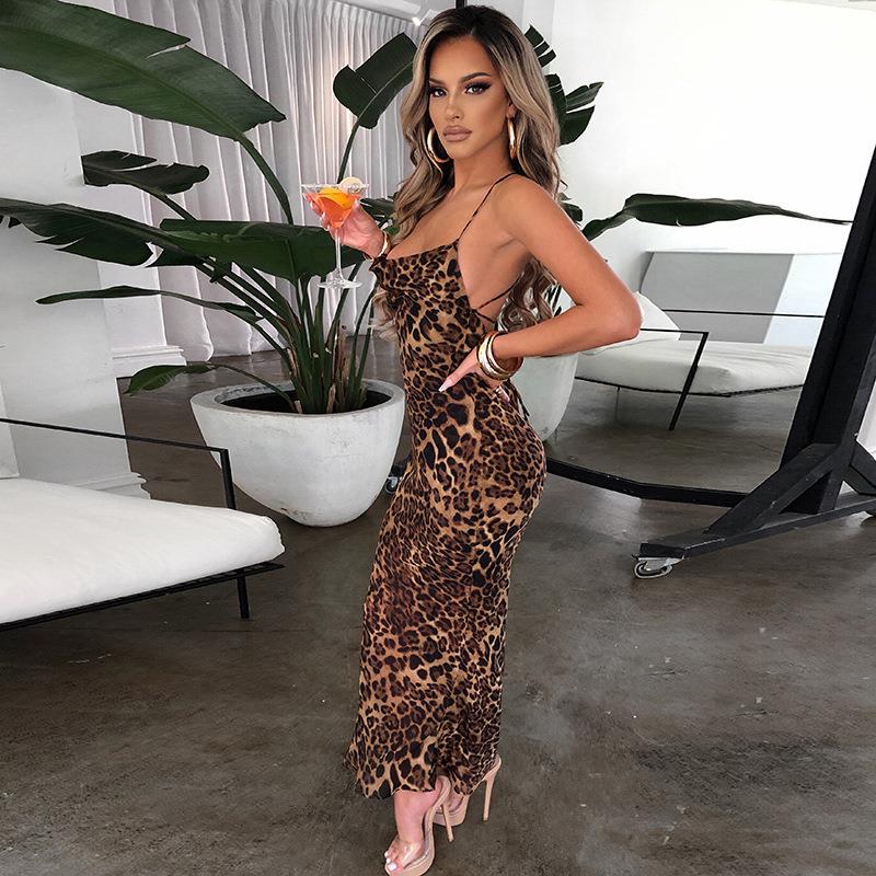 Dress Leopard Print Backless Slim Dress Sexy Womens Lace-up