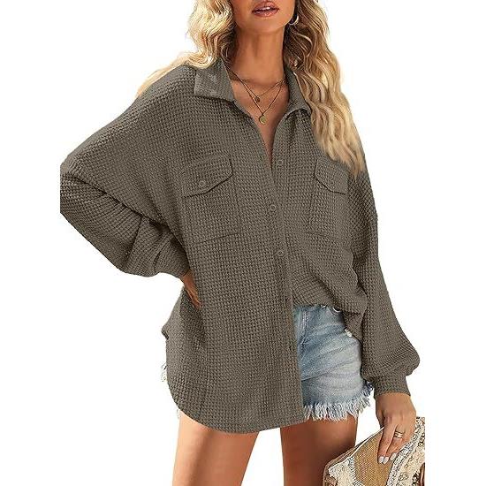 Womens Waffle Jacket Knit Long Oversized Shirt Loose