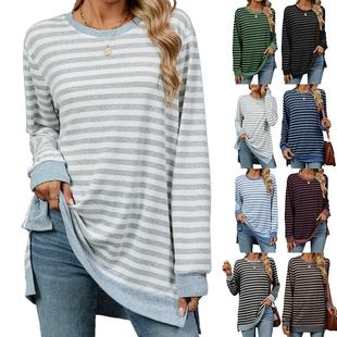 round neck contrast shirt loose color sleeve Striped long