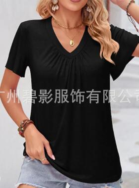 sleeve Womens pleated top V-neck color solid ruffle T-shirt