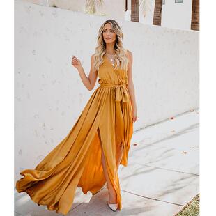 Solid Neck Sleeveless Swing Dress Slit Color Bohemian