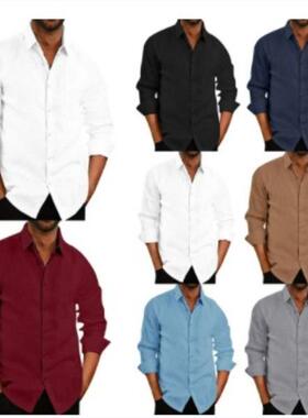 Lapel Solid Color Long Sleeve Button Mens Linen Shirt