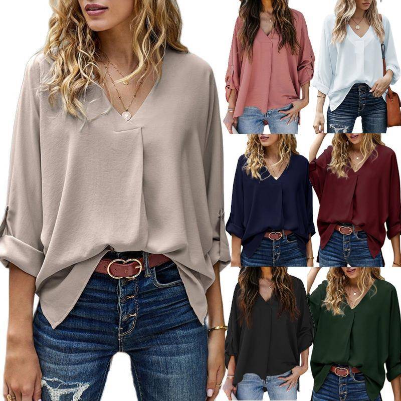 Top Shirt Shirt Sexy Loose Long Slit V-neck Chiffon Casual