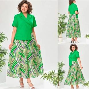 Short-sleeved green dress for women elegant patchwork suit