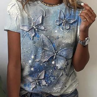 Butterfly Print Neck Round Weekend Sleeve Basic Short