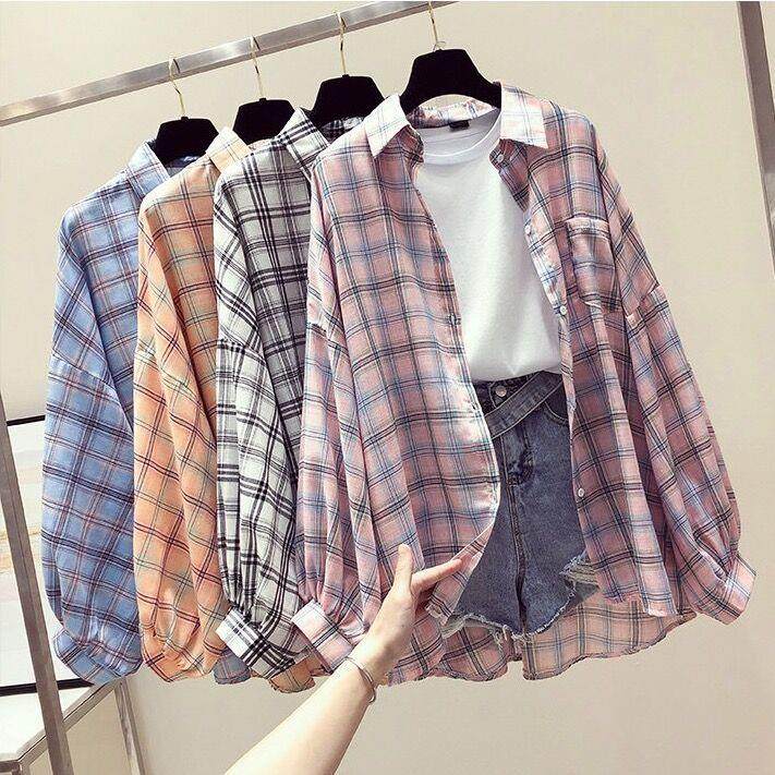 Plaid shirt womens loose retro sun protection jacket top