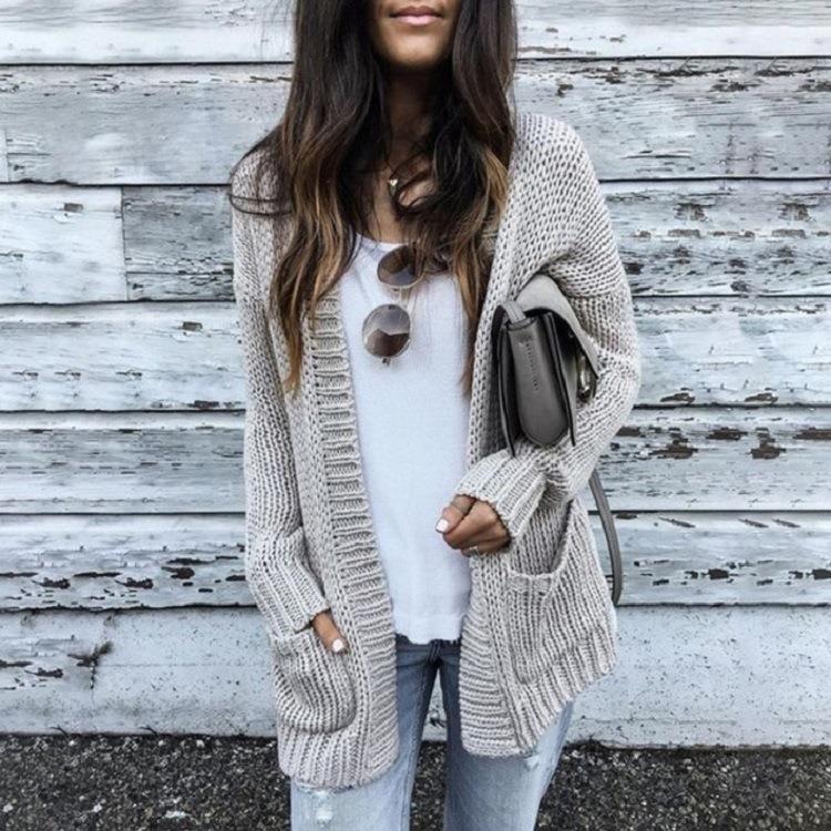 female jacket sweater cardigan knitted pocket sleeve long