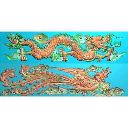 单龙单凤横版带线 线 精雕图 雕刻图 灰度图JDP浮雕图