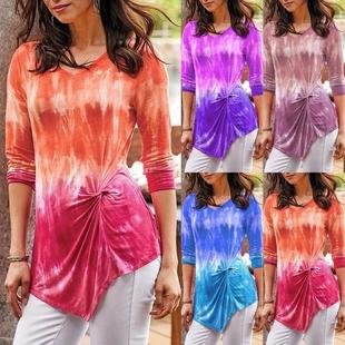 clothing womens T-shirt long-sleeved tie-dye neck round
