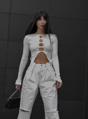 female shirt bottoming thread shoulder one slit hole hollow