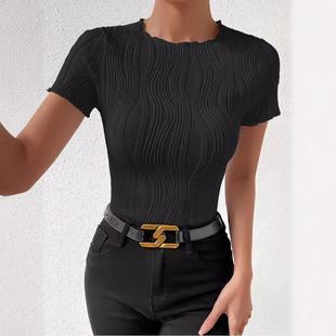 neck vertical slim Round sleeve ladies solid shirt short