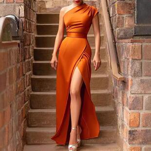 Literary milk long silk solid commuting dress orange skirt