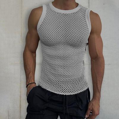 Mens Sweater Vest Solid Color Round Neck Sleeveless Hollow