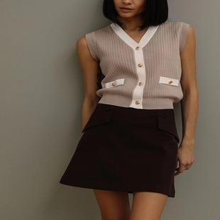 womens knitted cardigan color contrast Sleeveless neck