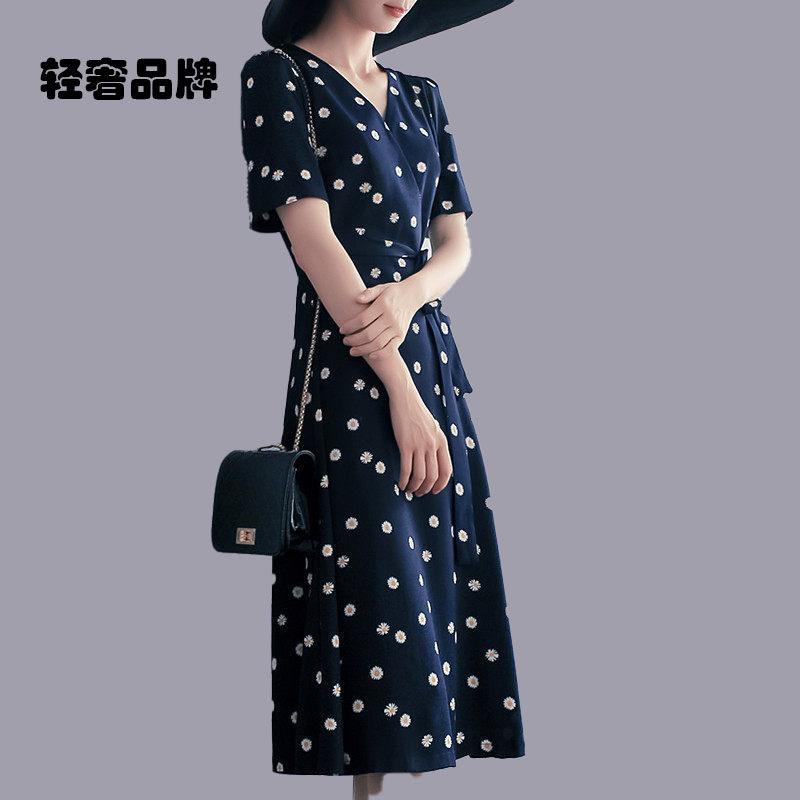 朗姿约定藏青色碎花雪纺连衣裙2026春夏通勤法国小众茶歇裙桔梗裙